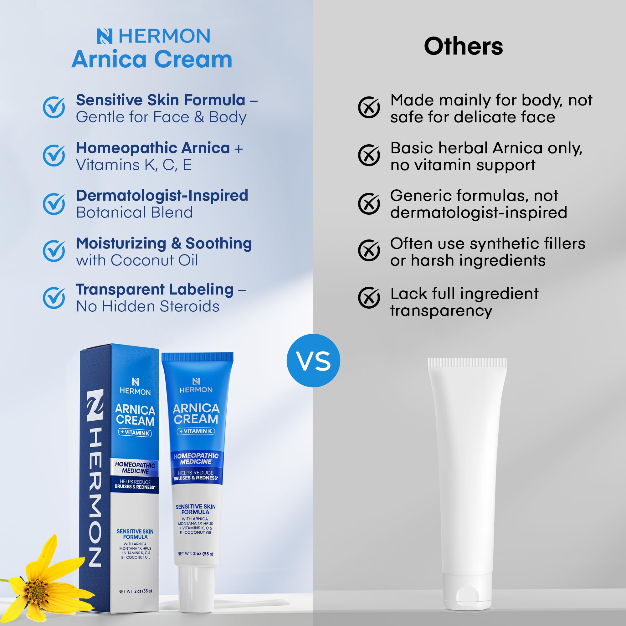 Hermon Arnica Bruise Cream with Vitamin K – Sensitive Skin & Face Formula, Extra Strength Hydrating Moisturizer 2 Oz