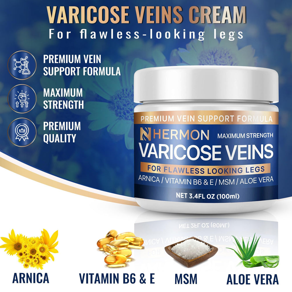 Hermon Varicose & Spider Veins Cream – Natural Circulation Support, Soothing Leg Care (3.4 oz)