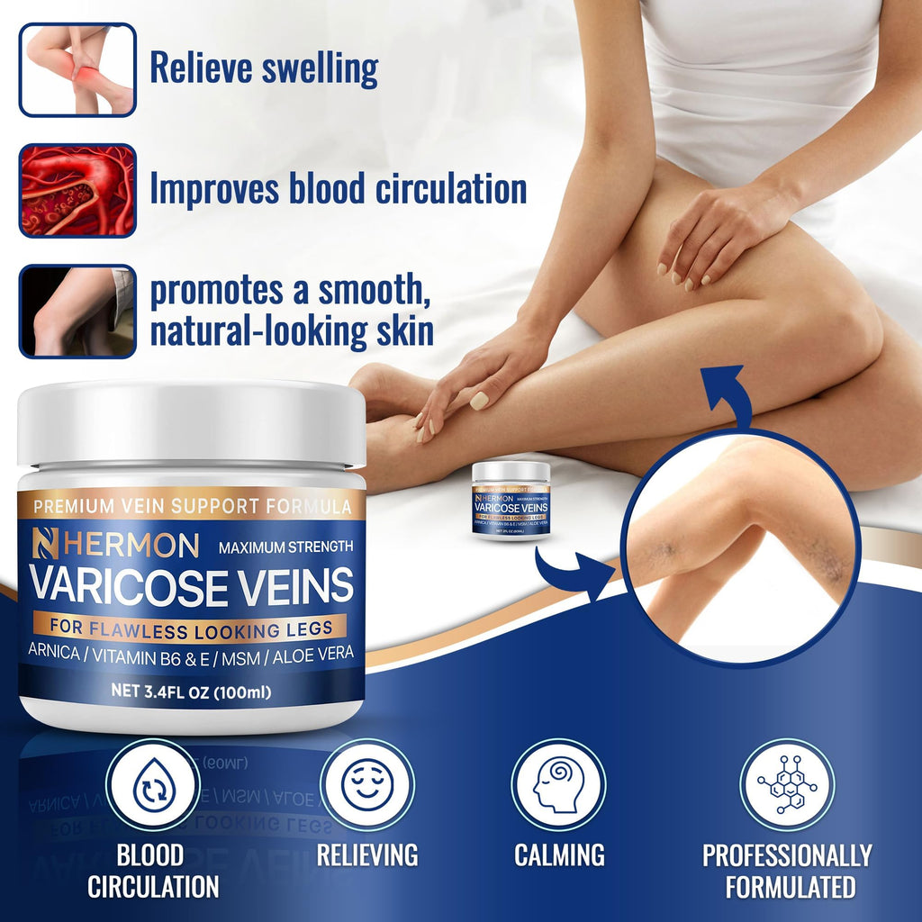 Hermon Varicose & Spider Veins Cream – Natural Circulation Support, Soothing Leg Care (3.4 oz)