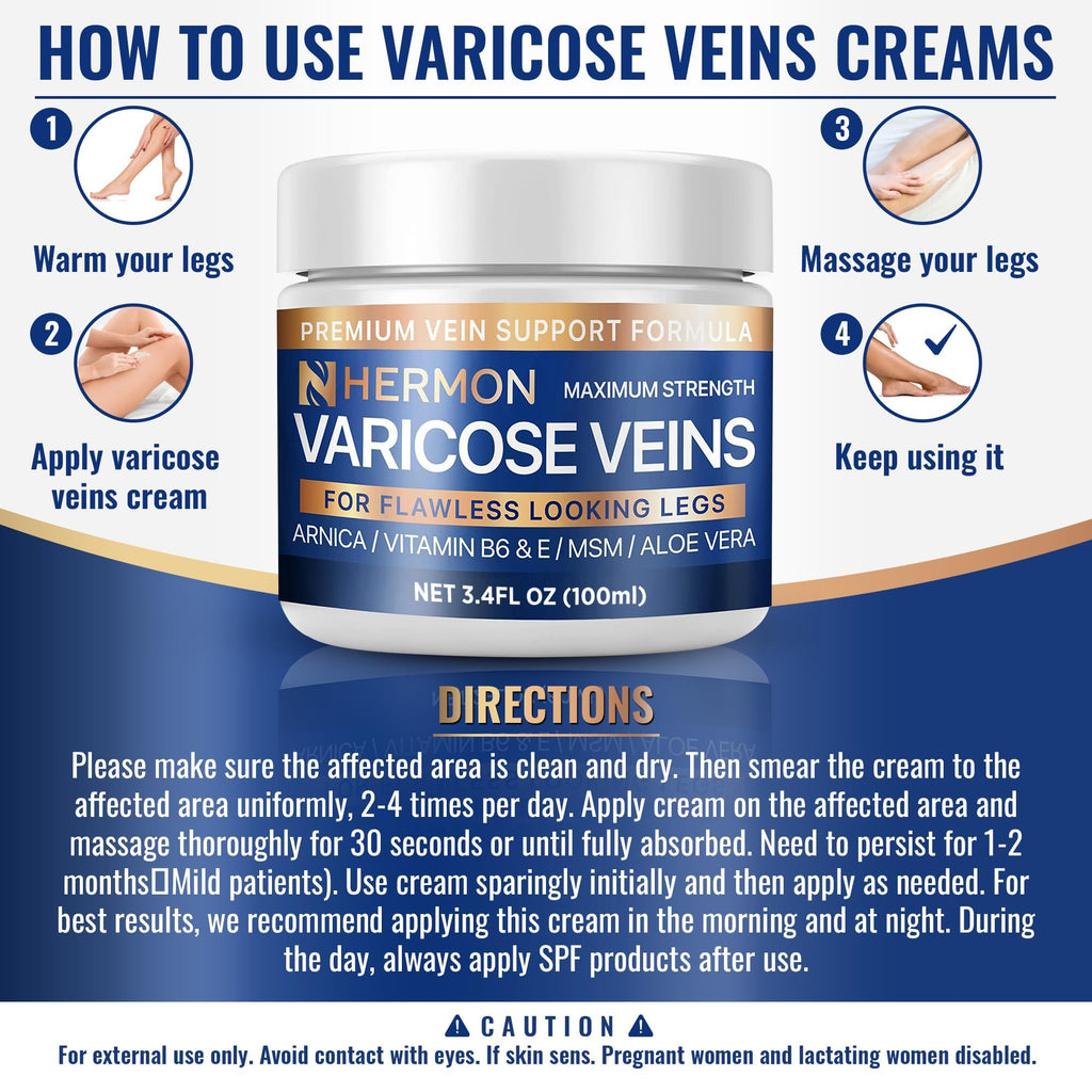 Hermon Varicose & Spider Veins Cream – Natural Circulation Support, Soothing Leg Care (3.4 oz)