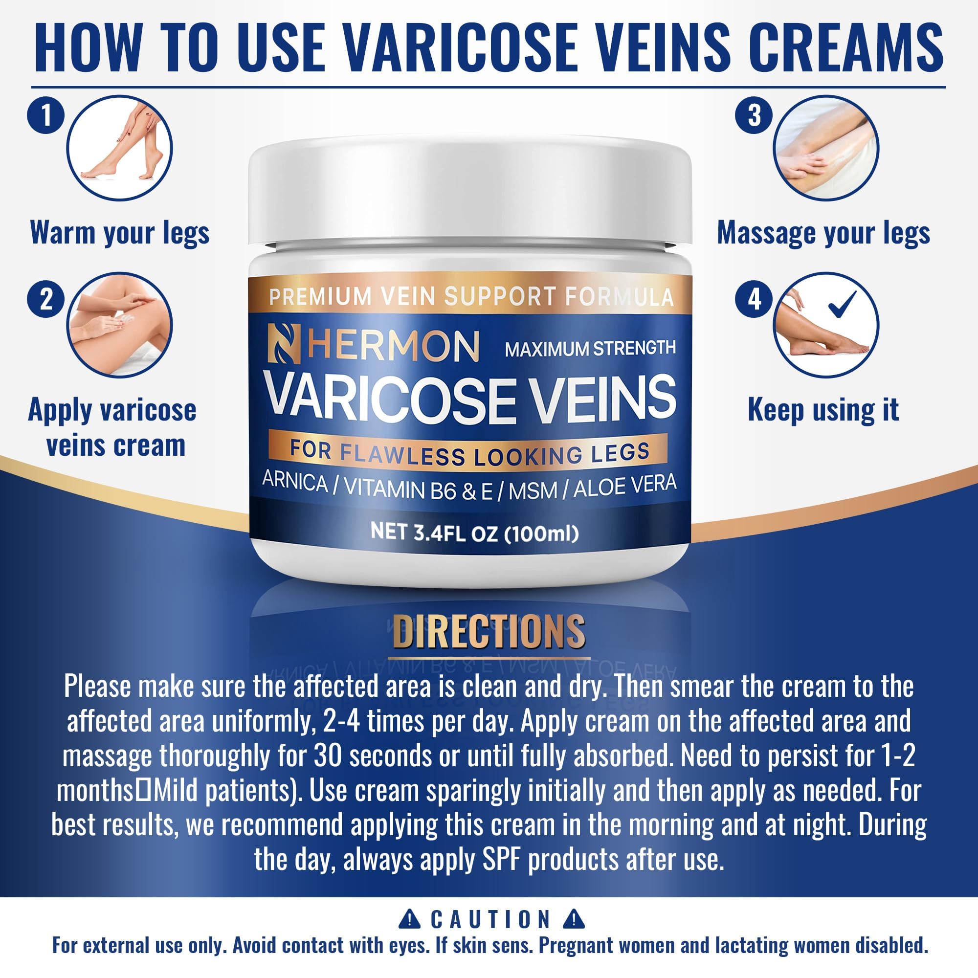 Hermon Varicose & Spider Veins Cream – Natural Circulation Support, Soothing Leg Care (3.4 oz)