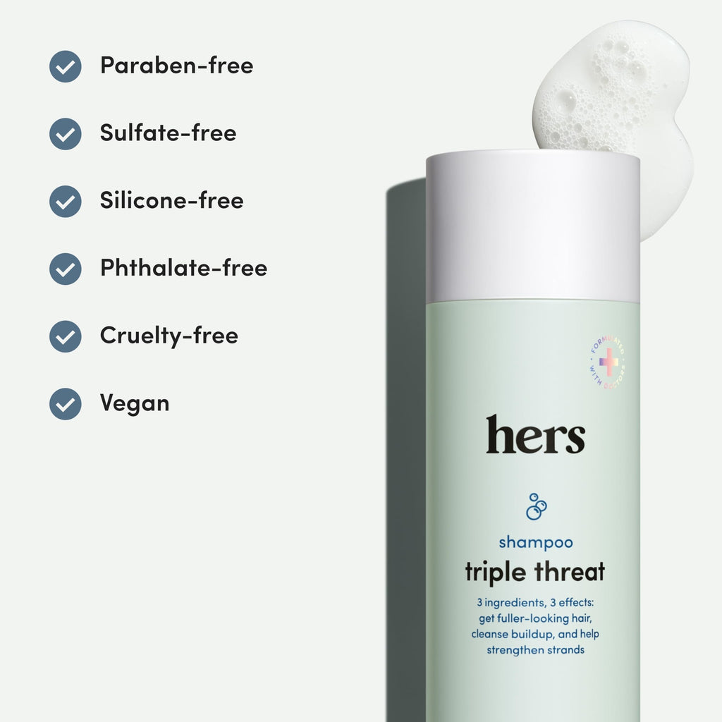 hers Triple Threat Shampoo – Biotin, Saw Palmetto & Pumpkin Seed Oil | Thickening & Hydration (2-Pack, 6.4 oz)