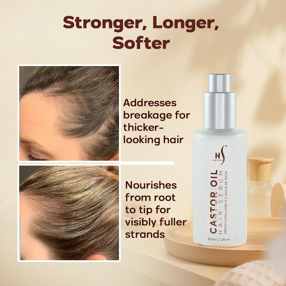 HerStyler Castor Oil Hair Serum for Growth & Shine | Vitamin E & Heat Protection | 2 fl oz (2 Pack)