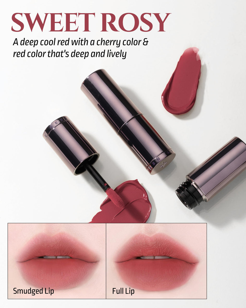 HEVVYMAKEUP Blurring Effect Lip Tint – Airy Velvet, Longwear, Vegan, Sweet Rosy