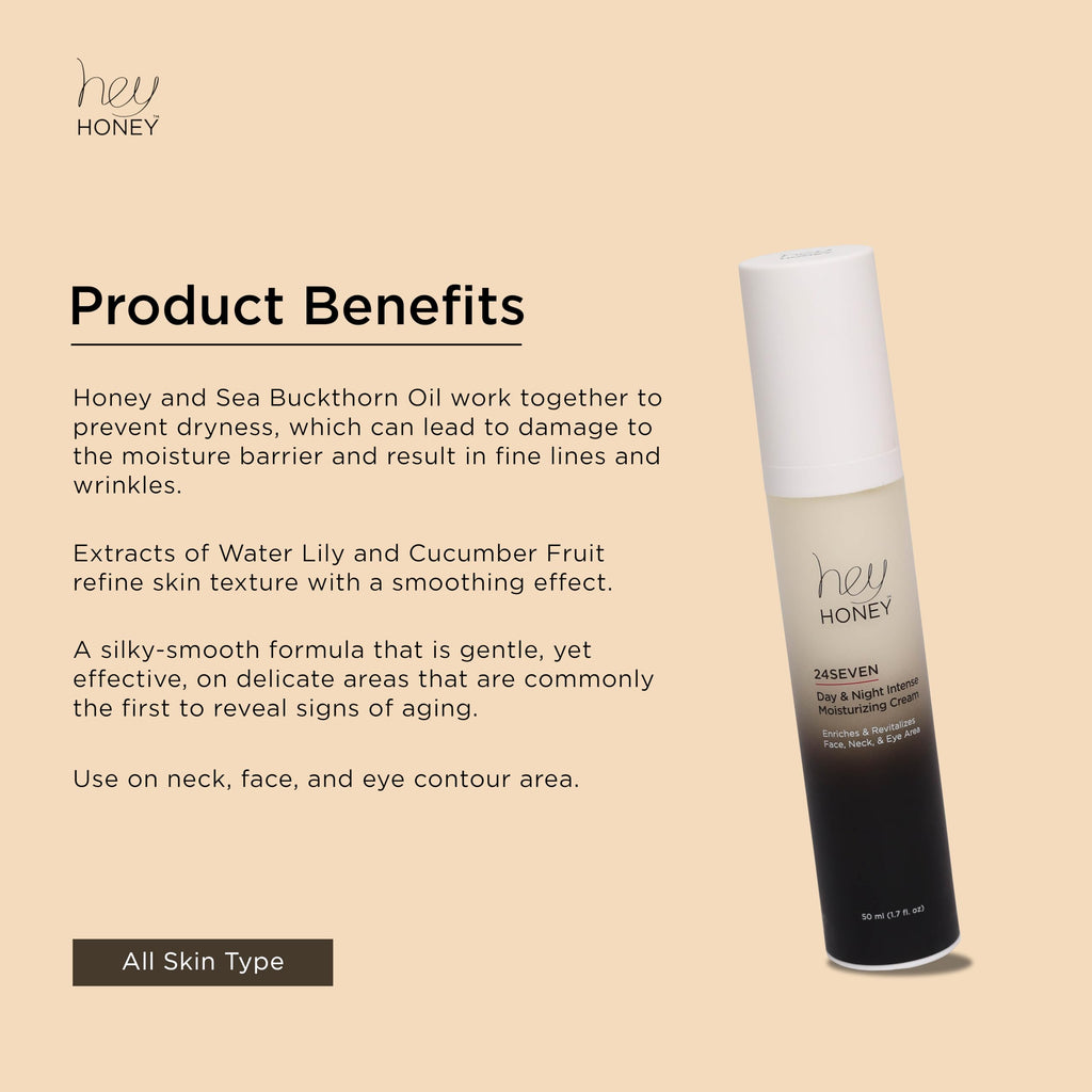 Hey Honey 24Seven Day & Night Moisturizing Cream — Face, Neck & Eye Hydration | Anti-Aging & Texture Refinement | 1.7 oz