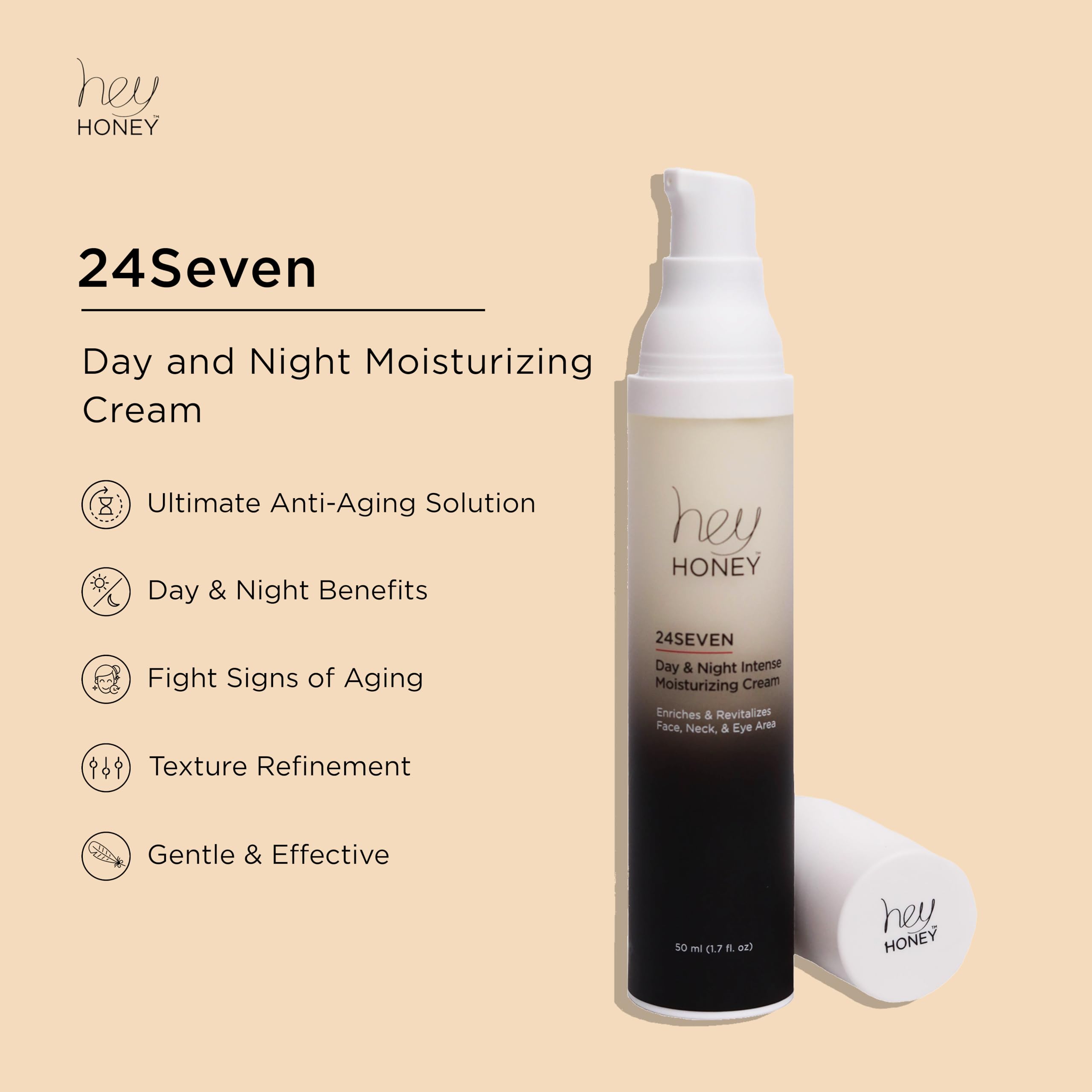 Hey Honey 24Seven Day & Night Moisturizing Cream — Face, Neck & Eye Hydration | Anti-Aging & Texture Refinement | 1.7 oz