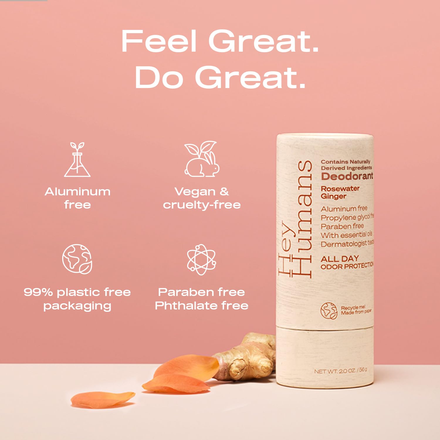 Hey Humans Deodorant — Aluminum-Free, Rosewater Ginger, All Day Odor Control