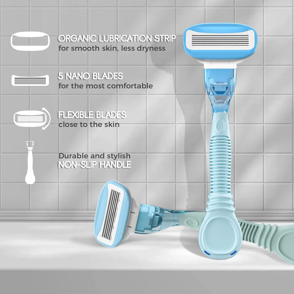 HEYAXA Women Razor – 5 Nano Blades, 4 Refills, Non-Slip Handle, Sky Blue