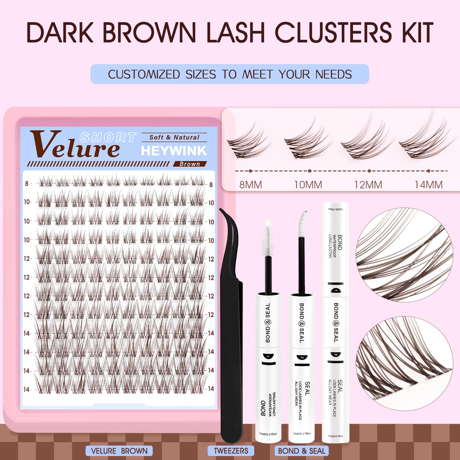 HEYWINK Velure Brown Lash Clusters Kit – D Curl 8-14mm for Natural At-Home Lash Extensions