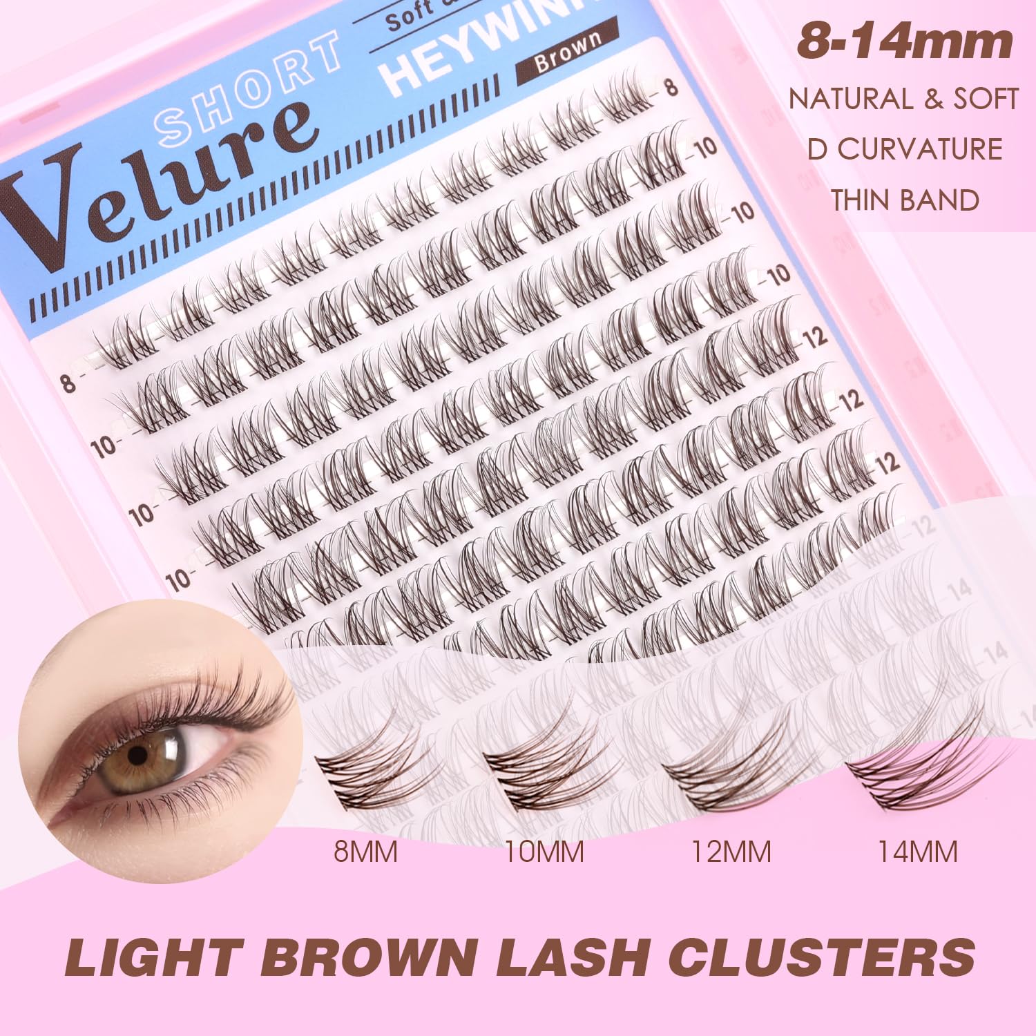 HEYWINK Velure Brown Lash Clusters Kit – Natural 8-14mm D-Curl, Invisible Band