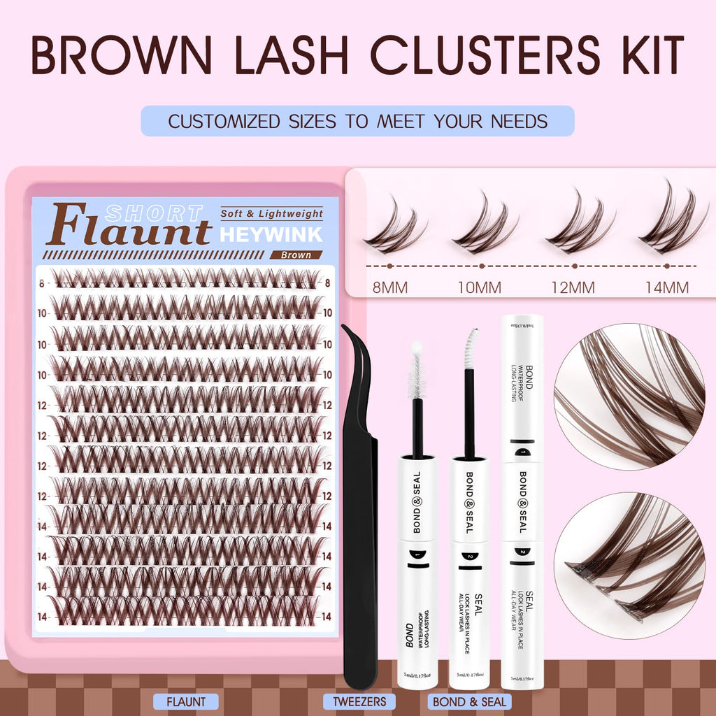 HEYWINK Flaunt Lash Clusters Dark Brown 8-14mm – Lightweight D-Curl DIY Lash Kit