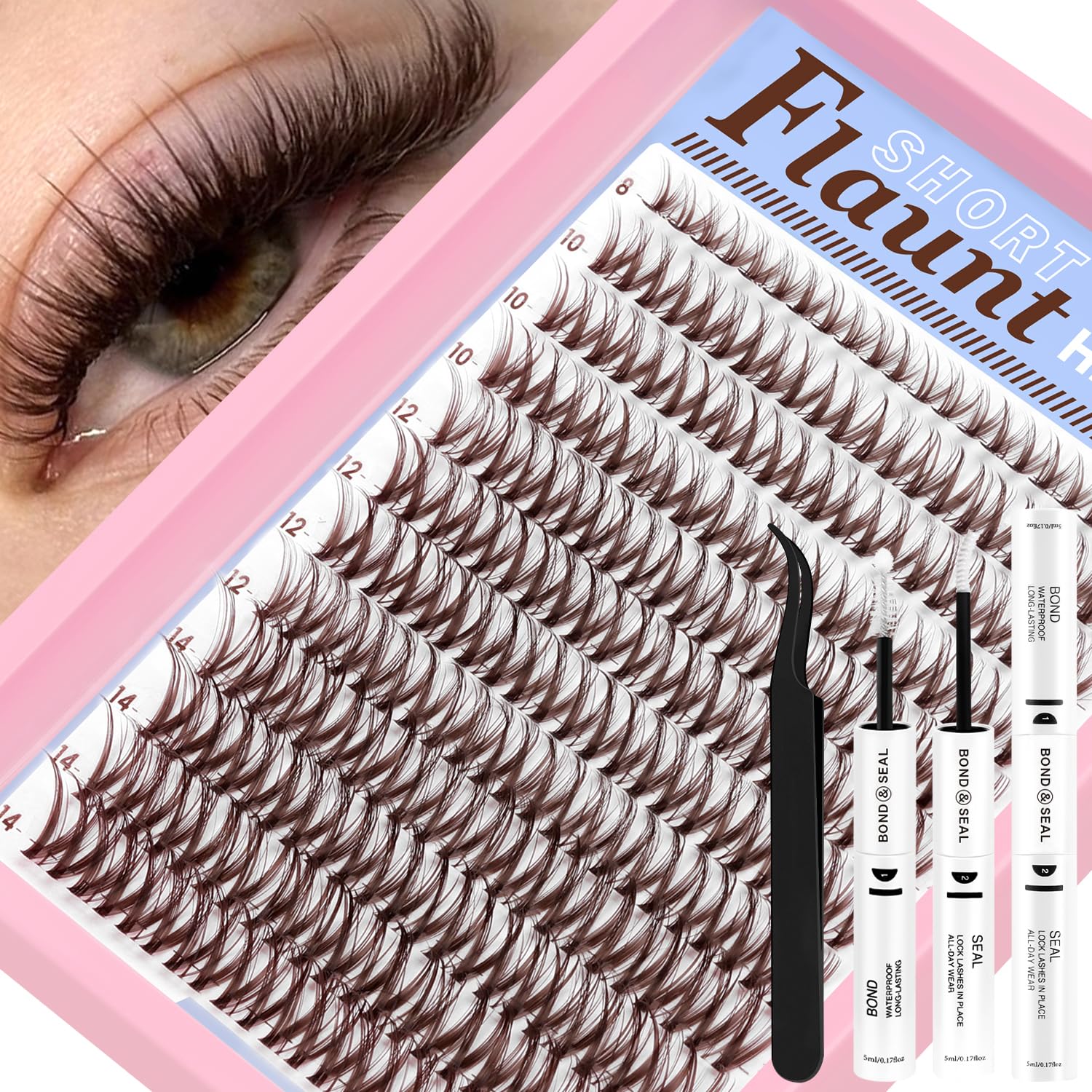 HEYWINK Flaunt Lash Clusters Dark Brown 8-14mm – Lightweight D-Curl DIY Lash Kit