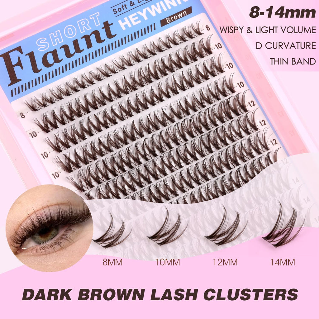 HEYWINK Flaunt Lash Clusters Dark Brown 8-14mm – Lightweight D-Curl DIY Lash Kit