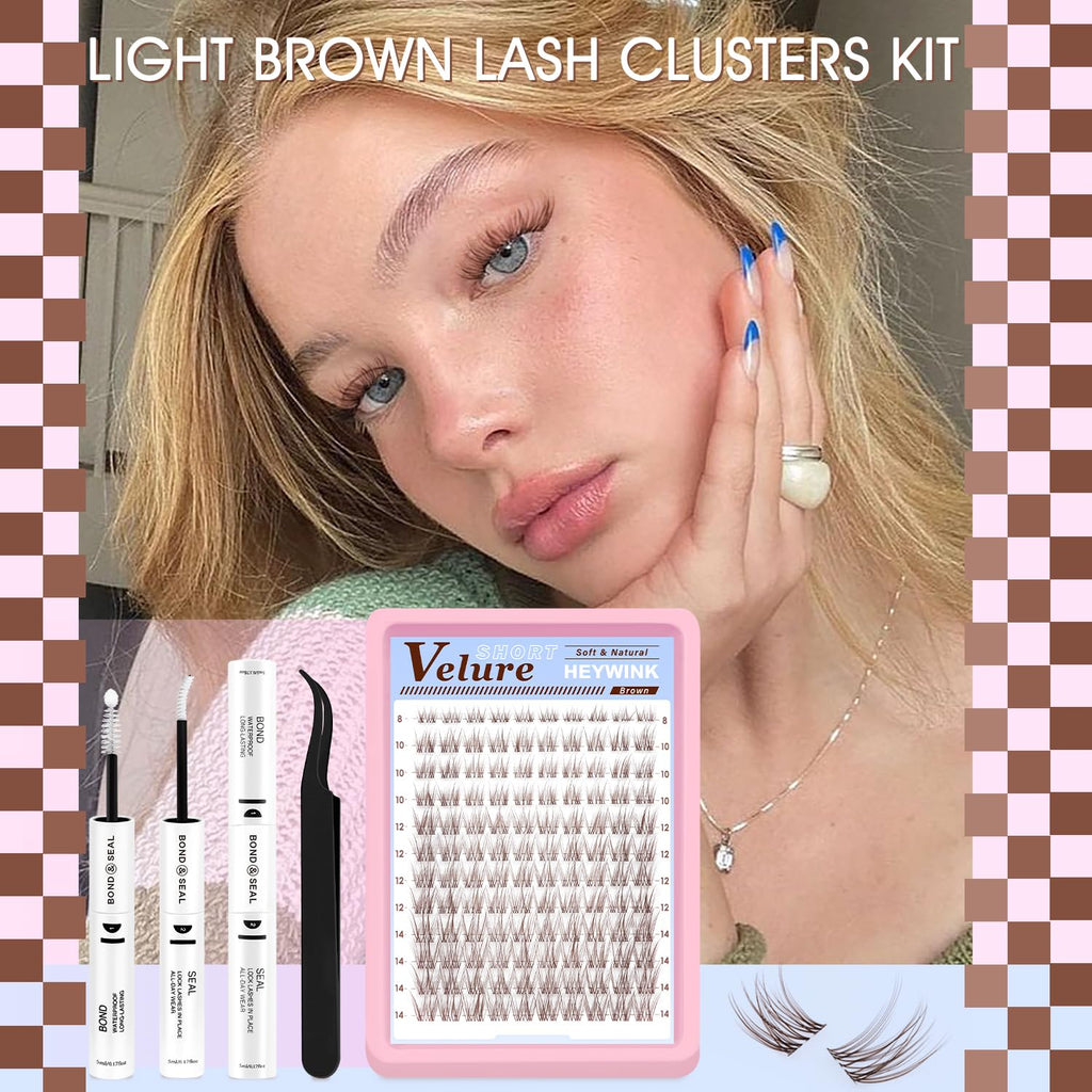 HEYWINK Velure Brown Lash Clusters Kit – Natural 8-14mm D-Curl, Invisible Band