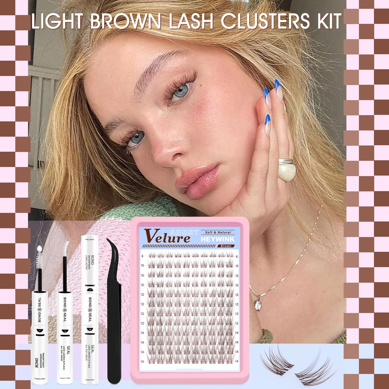 HEYWINK Velure Brown Lash Clusters Kit – Natural 8-14mm D-Curl, Invisible Band