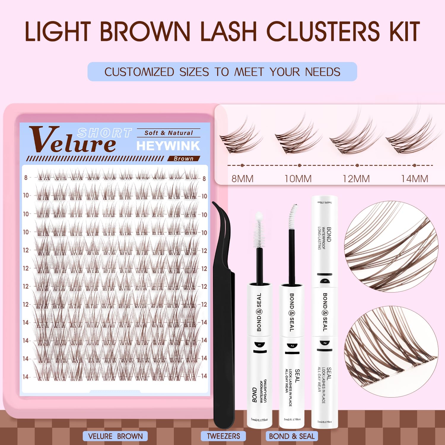 HEYWINK Velure Brown Lash Clusters Kit – Natural 8-14mm D-Curl, Invisible Band