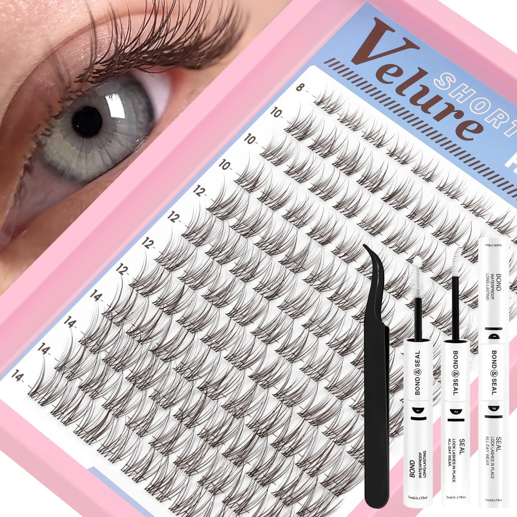 HEYWINK Velure Brown Lash Clusters Kit – D Curl 8-14mm for Natural At-Home Lash Extensions