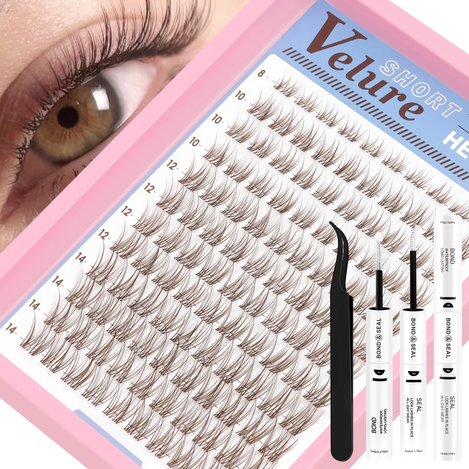 HEYWINK Velure Brown Lash Clusters Kit – Natural 8-14mm D-Curl, Invisible Band