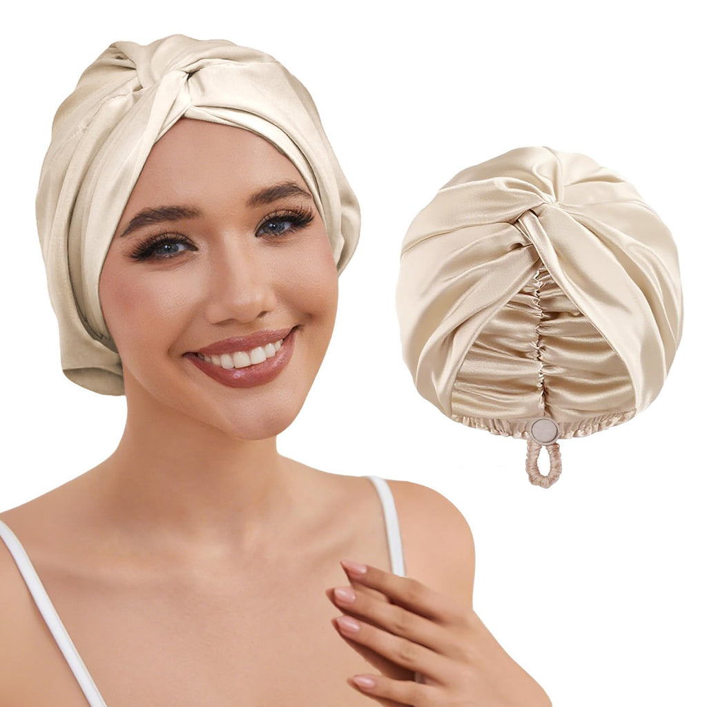 HFRHTGY Adjustable Silk Satin Hair Bonnet for Sleeping – Champagne