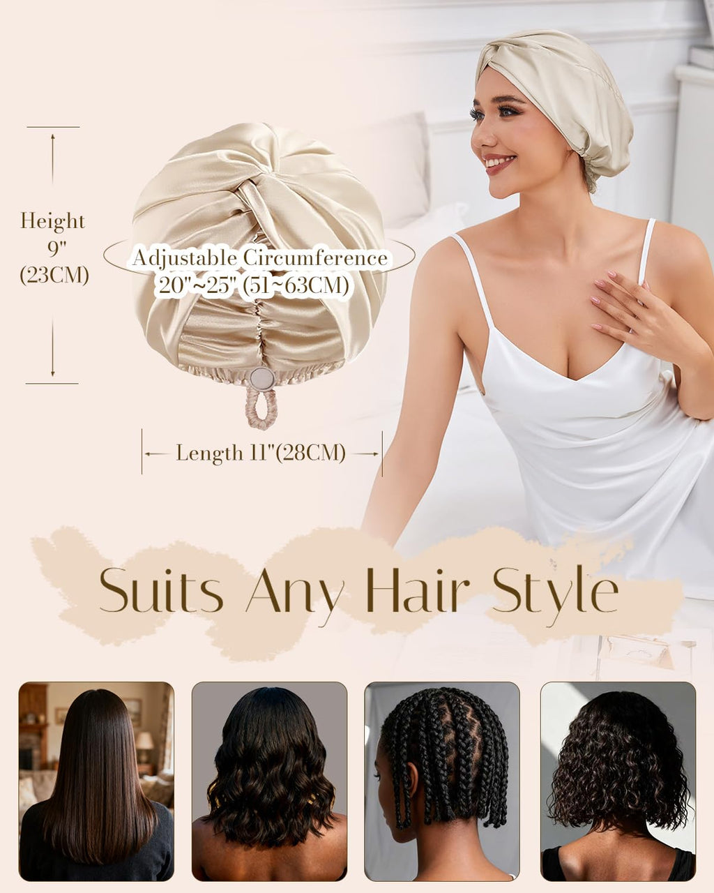 HFRHTGY Adjustable Silk Satin Hair Bonnet for Sleeping – Champagne