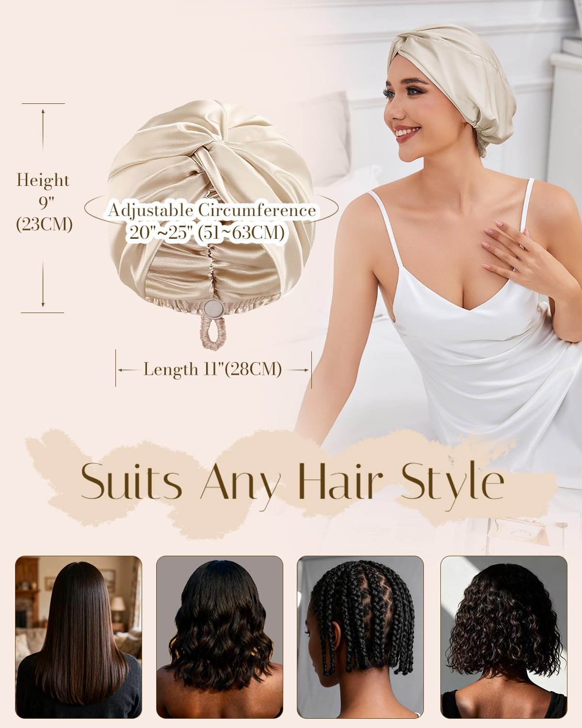 HFRHTGY Adjustable Silk Satin Hair Bonnet for Sleeping – Champagne