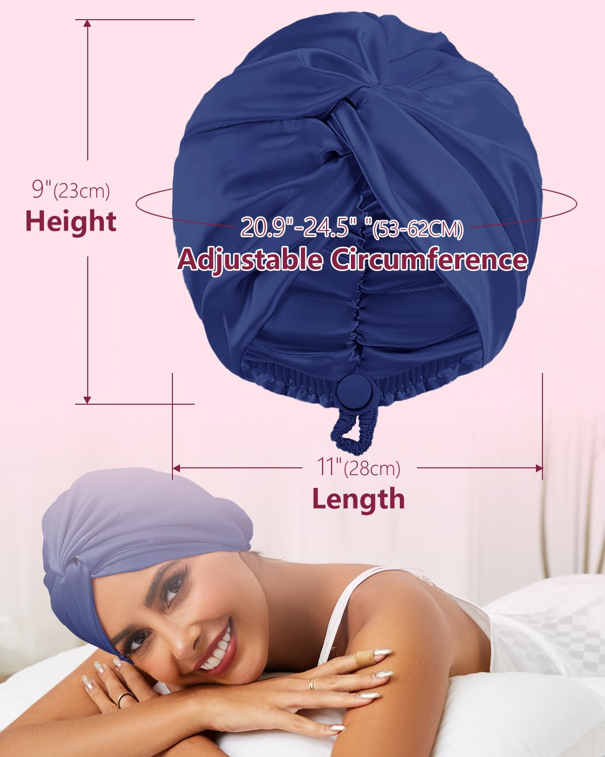 HFRHTGY Adjustable Silk Satin Hair Bonnet for Sleeping – Navy Blue, 32