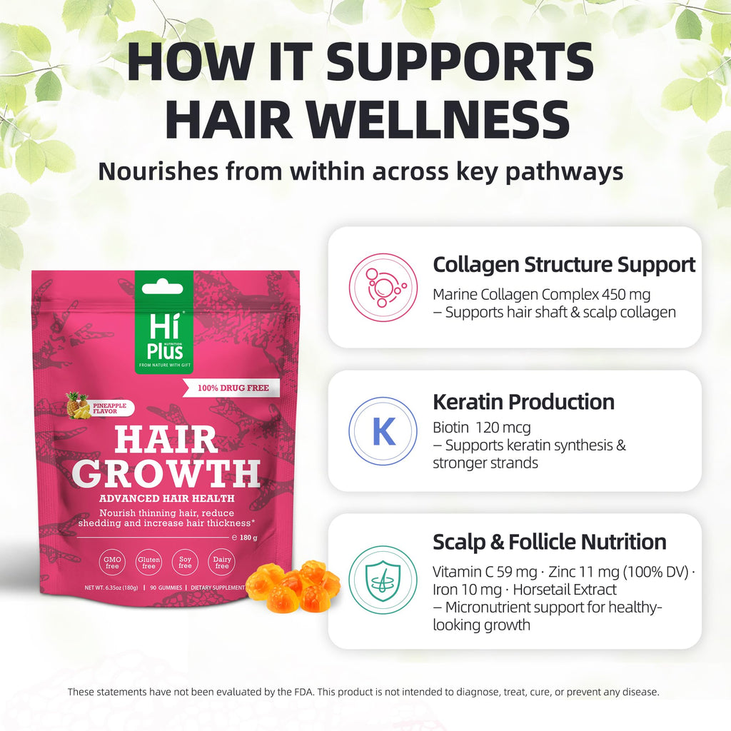 HiPlus Hair Growth Gummies for Men & Women – Pineapple Flavor, 90 Gummies, 45 Day Supply