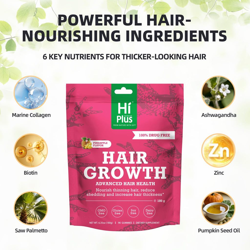 HiPlus Hair Growth Gummies for Men & Women – Pineapple Flavor, 90 Gummies, 45 Day Supply