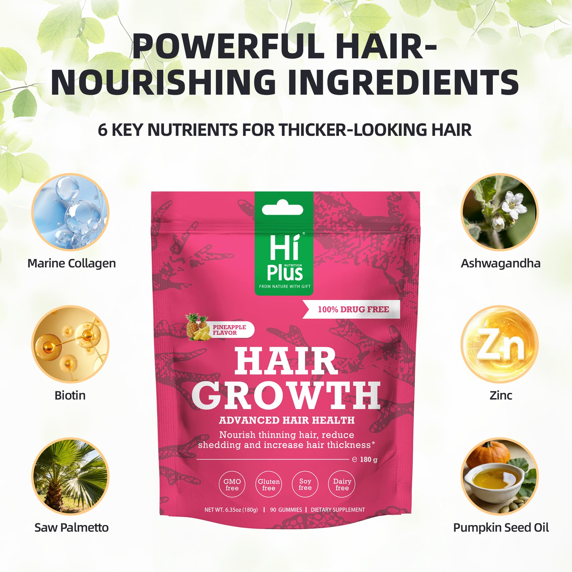 HiPlus Hair Growth Gummies for Men & Women – Pineapple Flavor, 90 Gummies, 45 Day Supply