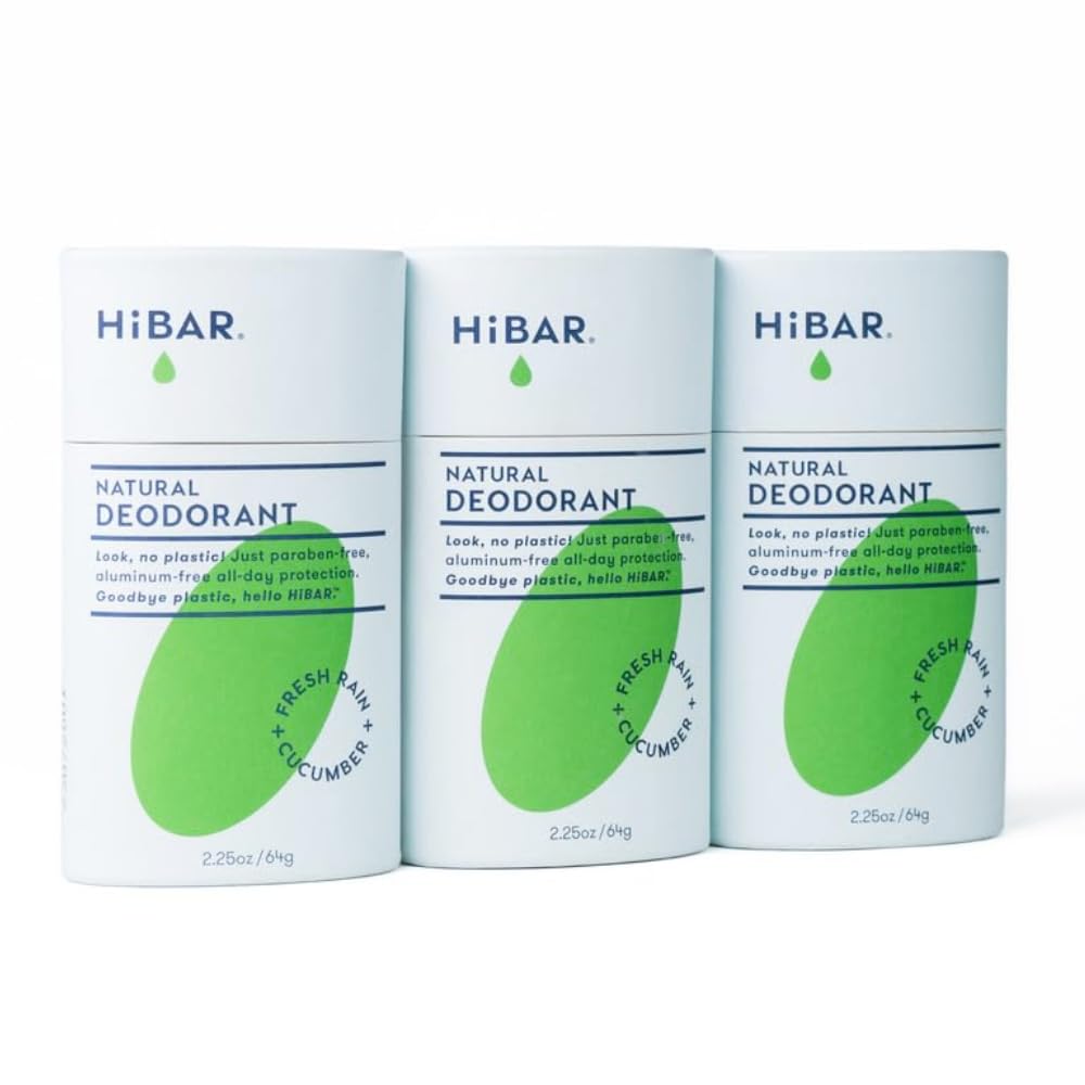 HiBAR Fresh Rain & Cucumber Plastic Free Deodorant – 3-Pack, All-Day Protection