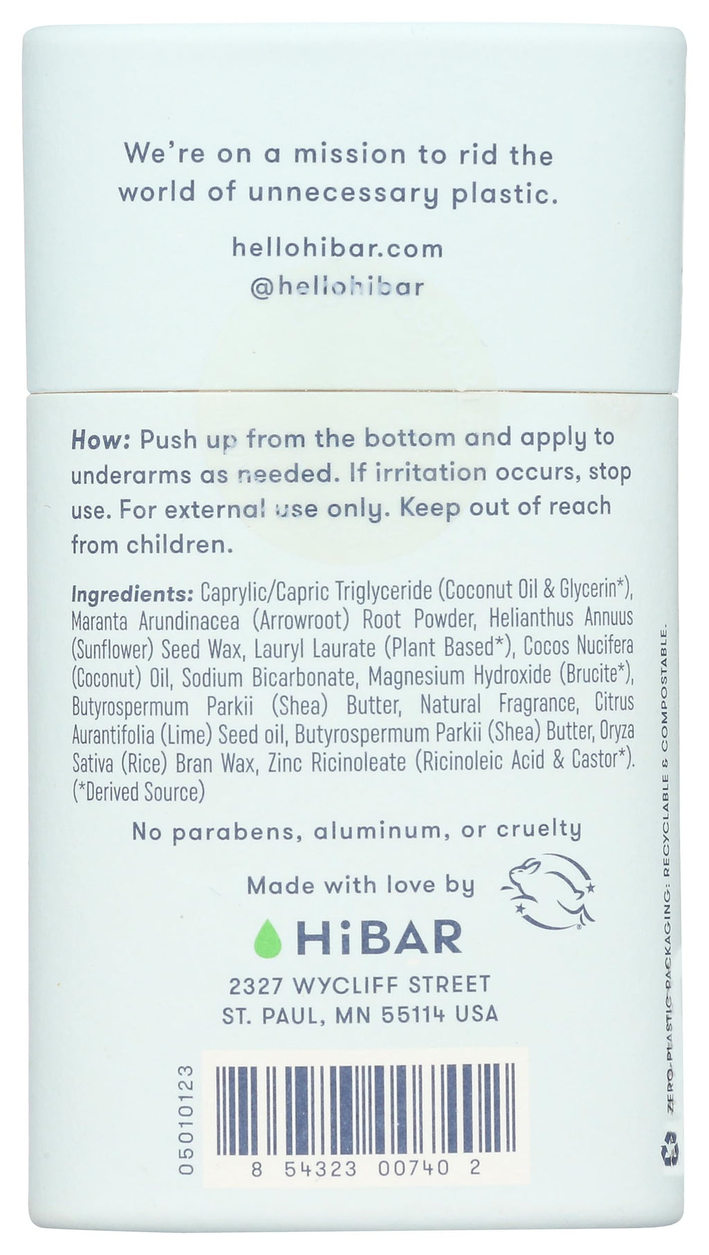 HiBAR Fresh Rain & Cucumber Plastic Free Deodorant | Aluminum-Free, Vegan, Recyclable Tube