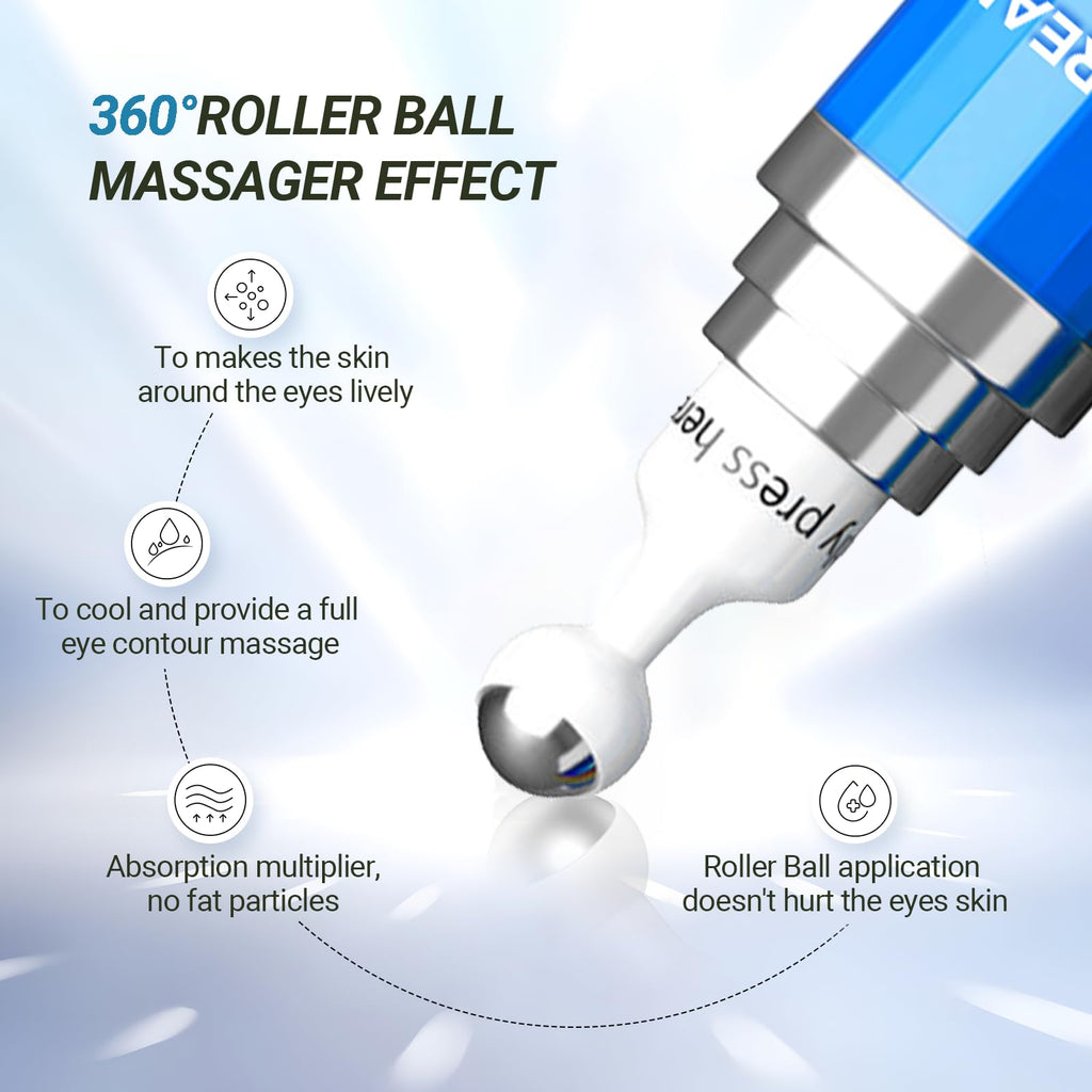 Hicream Eye Cream with 5% Caffeine & Hyaluronic Acid | 360° Roller Eye Serum for Puffy Eyes, Dark Circles & Fine Lines