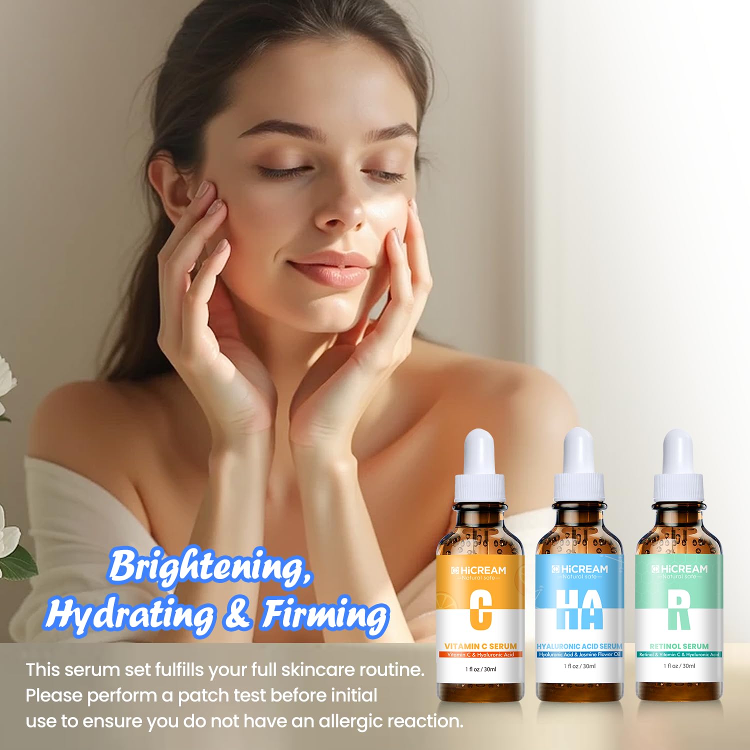 Hicream Face Serum Set 3-Pcs: Vitamin C, Hyaluronic Acid & Retinol for Brightening & Hydration