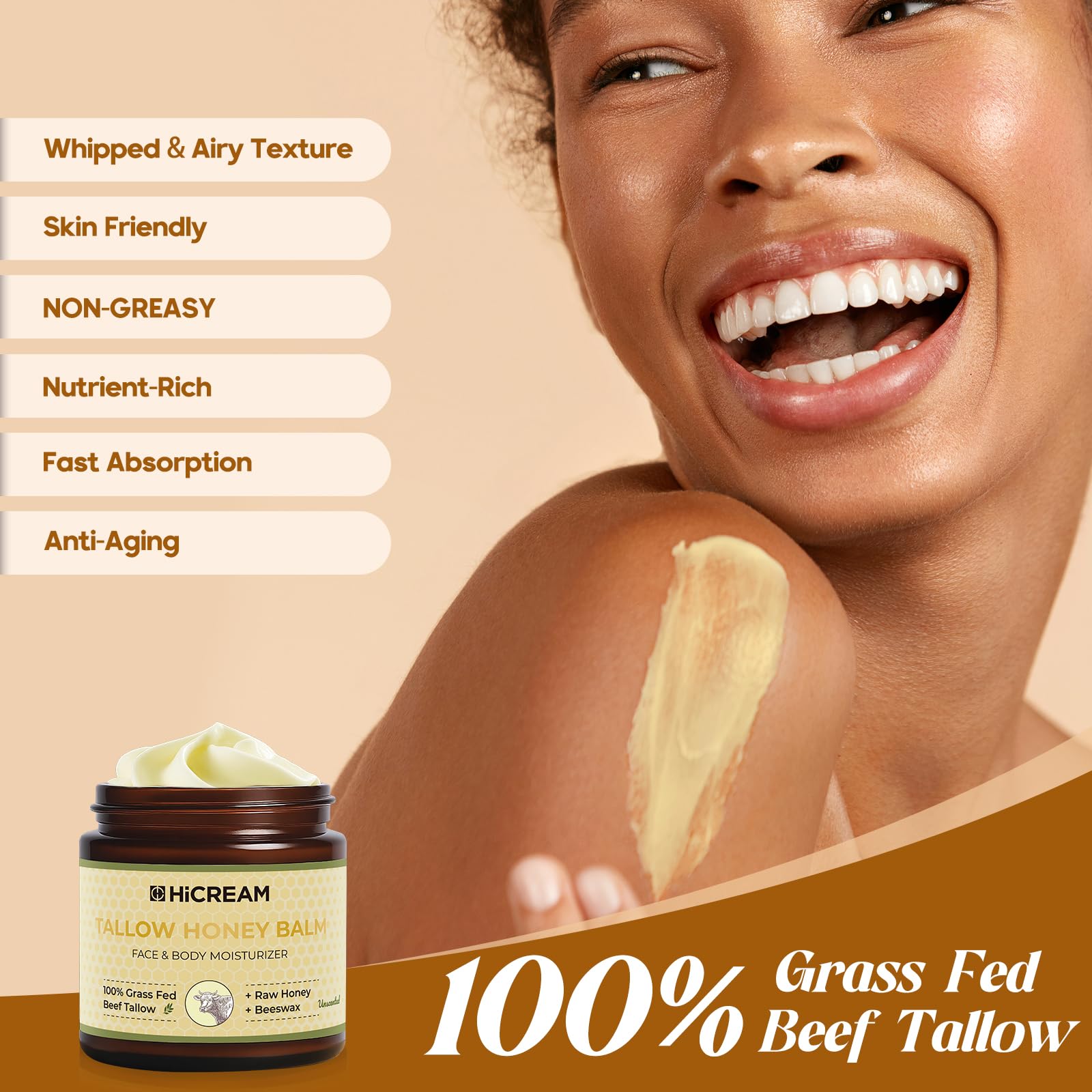 Hicream Beef Tallow Balm | 100% Organic Grass-Fed Moisturizer for Dry Skin