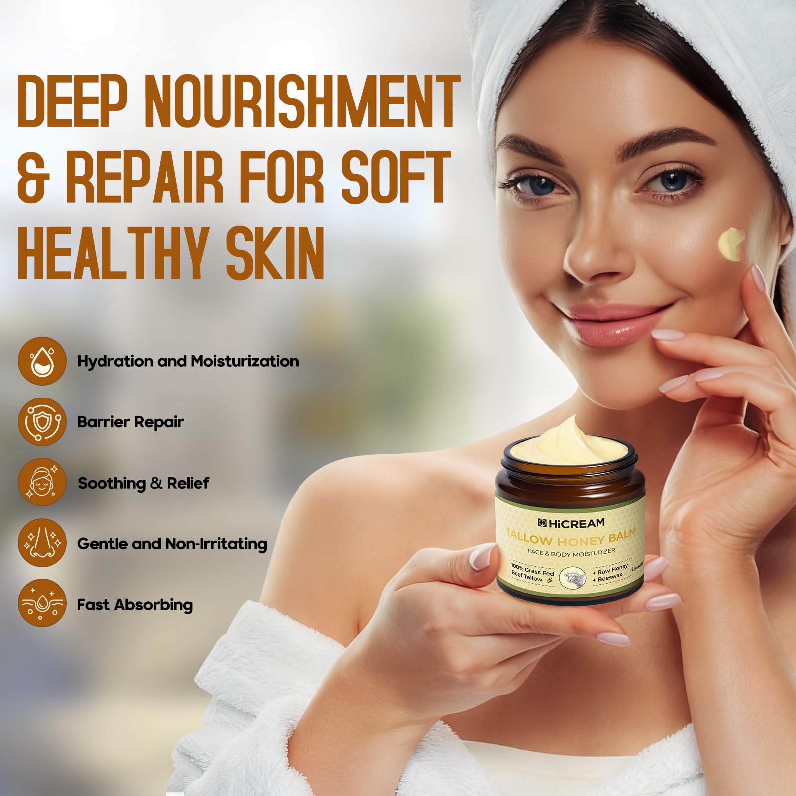 Hicream Beef Tallow Balm | 100% Organic Grass-Fed Moisturizer for Dry Skin