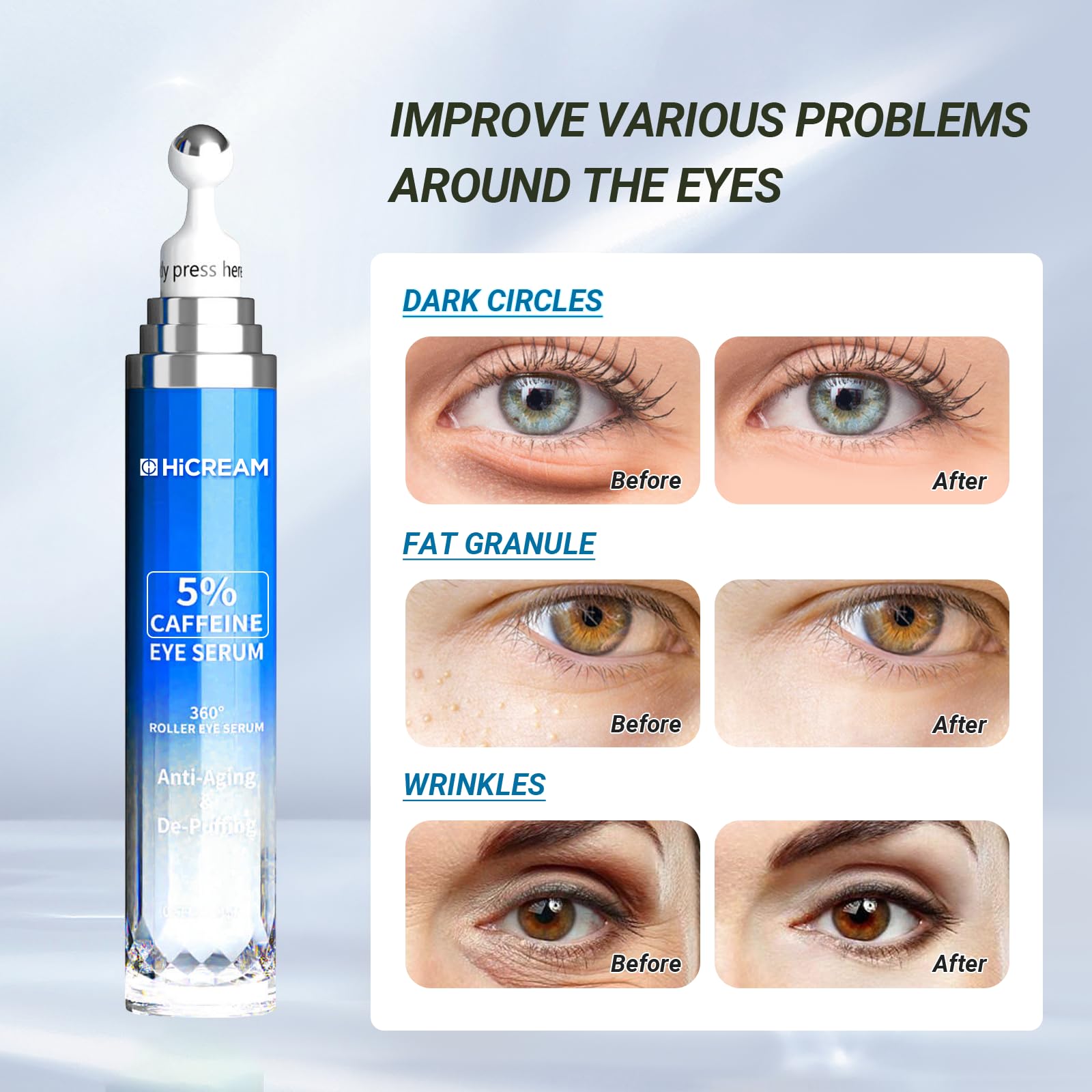 Hicream Eye Cream with 5% Caffeine & Hyaluronic Acid | 360° Roller Eye Serum for Puffy Eyes, Dark Circles & Fine Lines