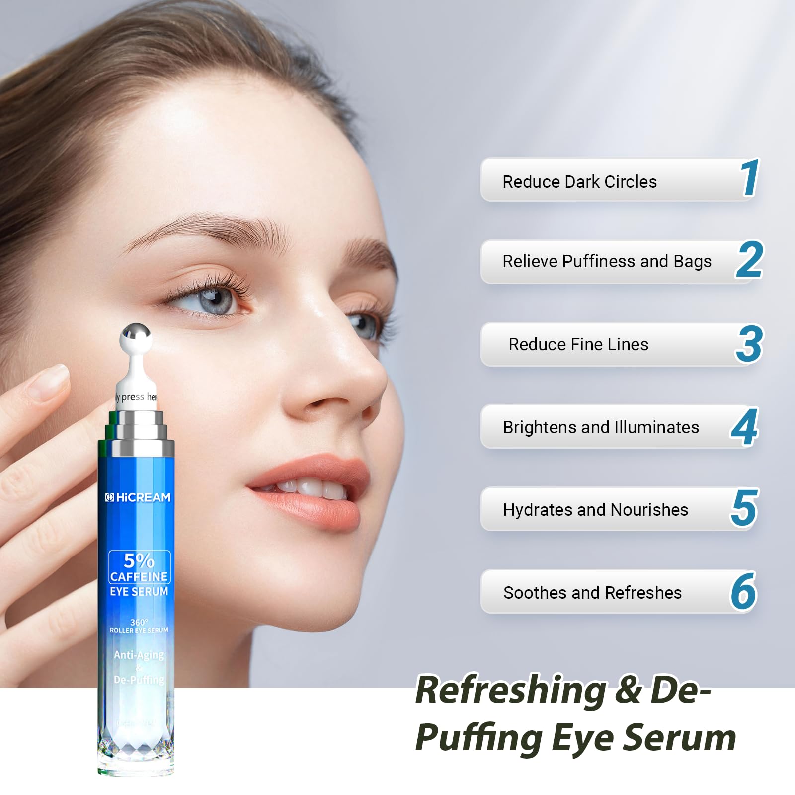 Hicream Eye Cream with 5% Caffeine & Hyaluronic Acid | 360° Roller Eye Serum for Puffy Eyes, Dark Circles & Fine Lines