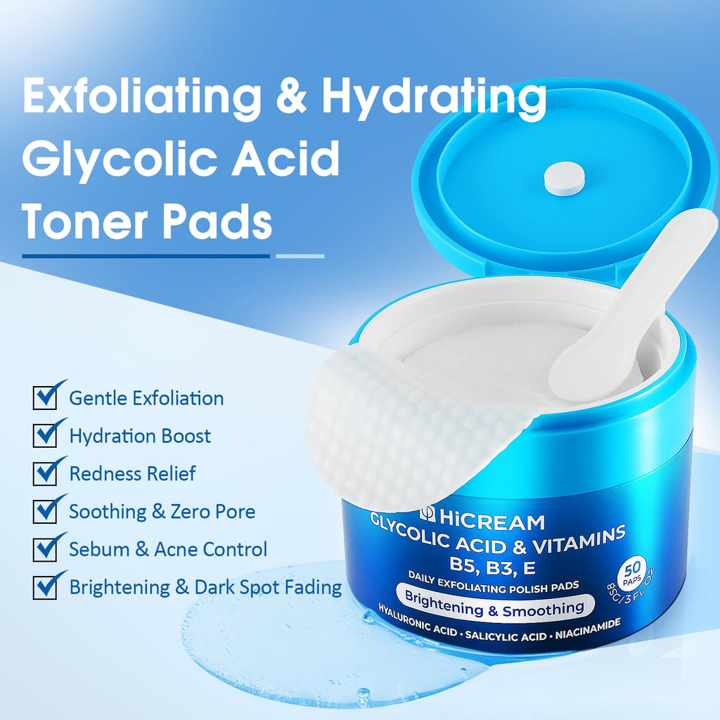 Hicream Glycolic Acid Exfoliating Pads | Dual-Texture Toner for Pore Care & Radiance