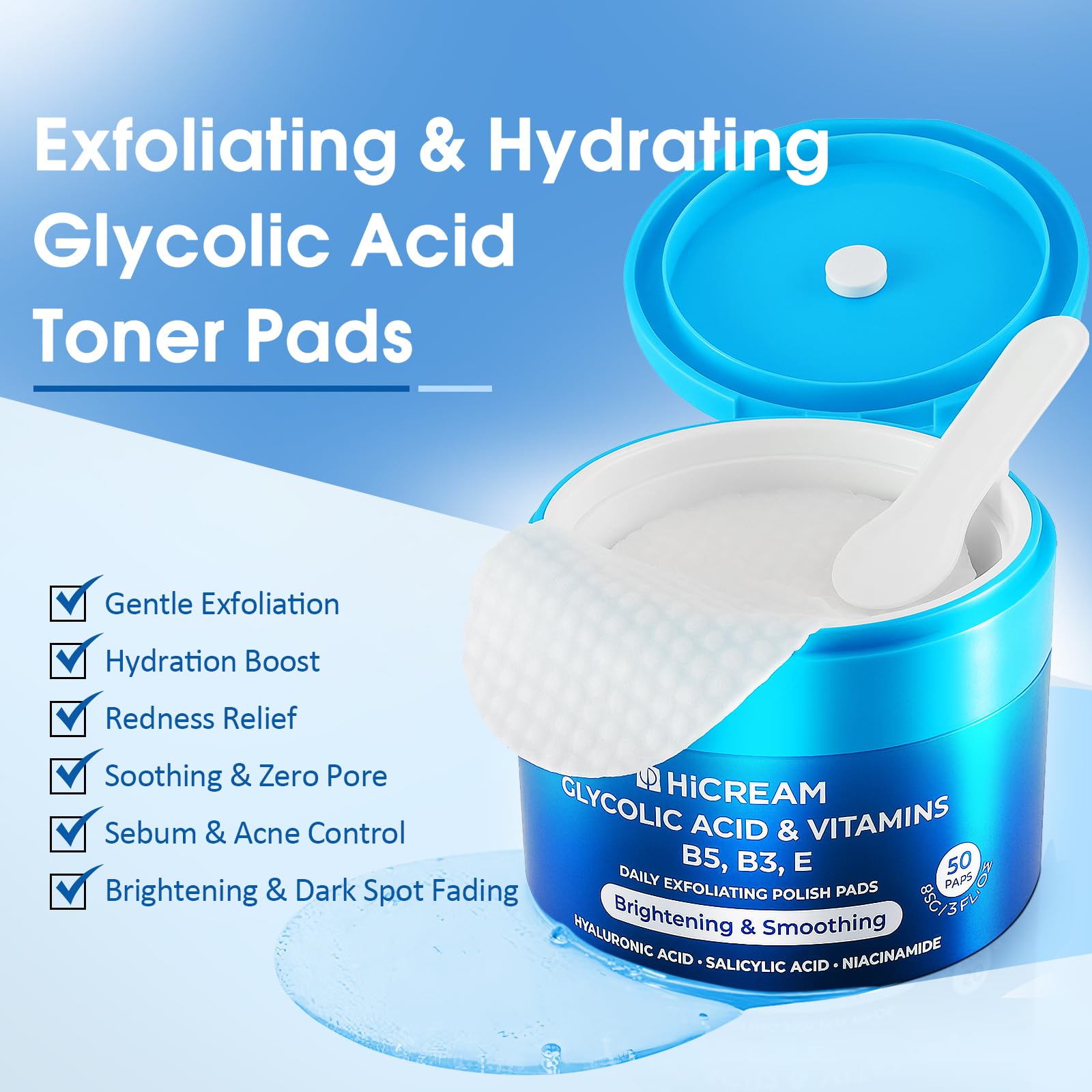 Hicream Glycolic Acid Exfoliating Pads | Dual-Texture Toner for Pore Care & Radiance