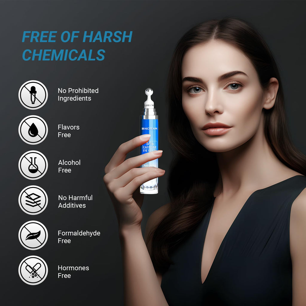 Hicream Eye Cream with 5% Caffeine & Hyaluronic Acid | 360° Roller Eye Serum for Puffy Eyes, Dark Circles & Fine Lines
