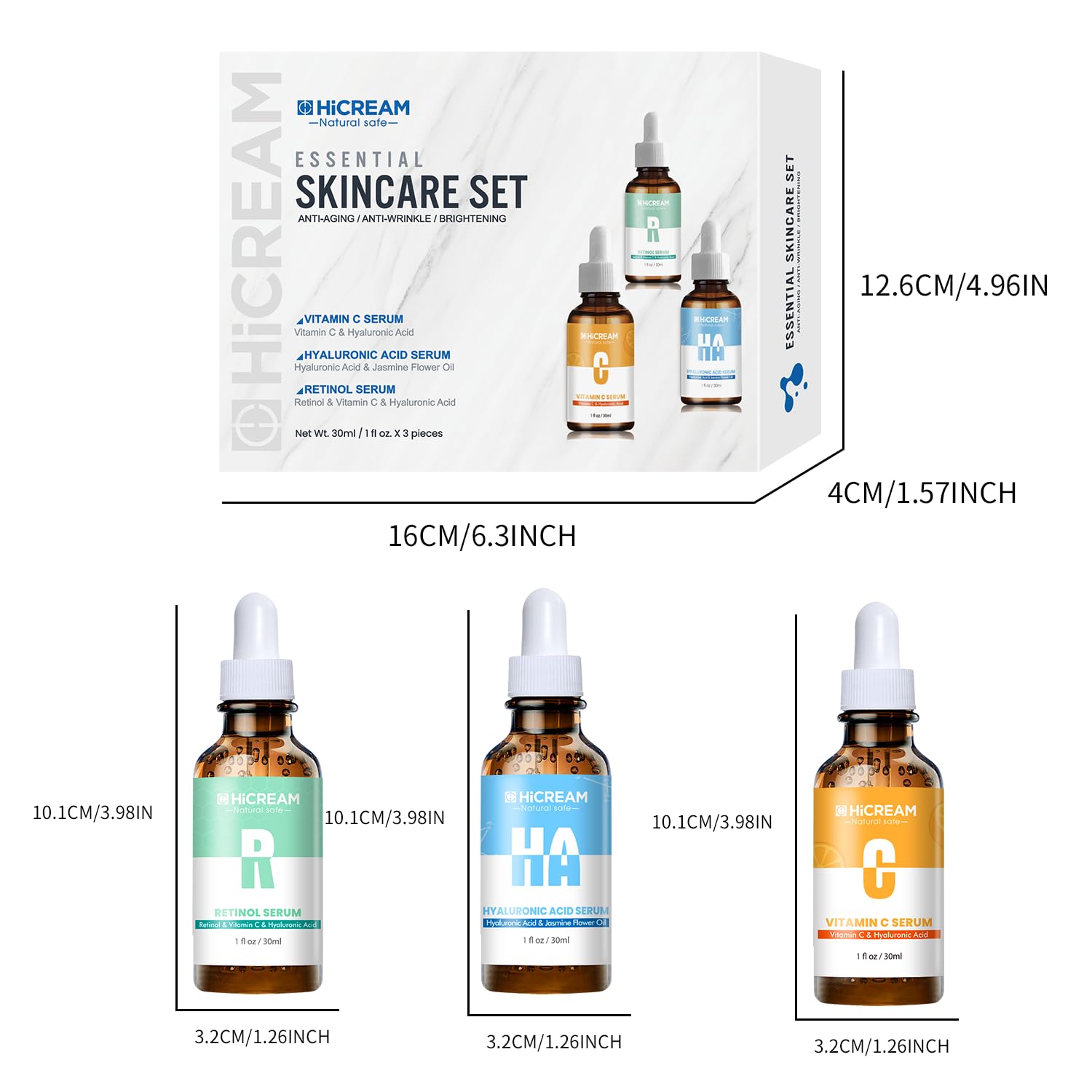 Hicream Face Serum Set 3-Pcs: Vitamin C, Hyaluronic Acid & Retinol for Brightening & Hydration