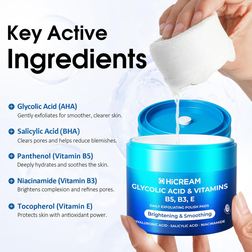 Hicream Glycolic Acid Exfoliating Pads | Dual-Texture Toner for Pore Care & Radiance