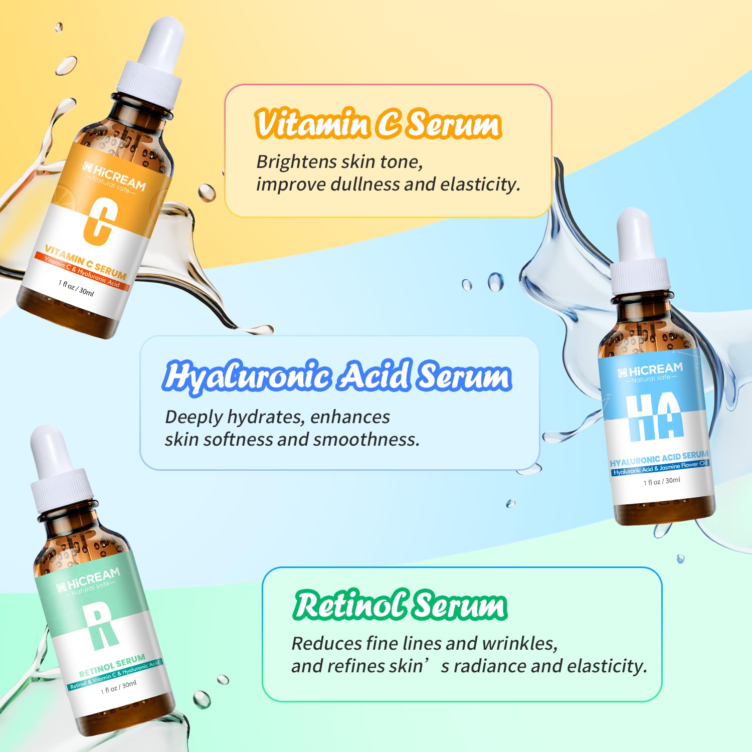 Hicream Face Serum Set 3-Pcs: Vitamin C, Hyaluronic Acid & Retinol for Brightening & Hydration