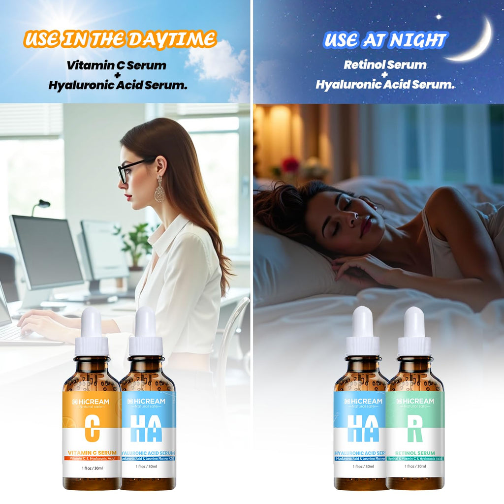 Hicream Face Serum Set 3-Pcs: Vitamin C, Hyaluronic Acid & Retinol for Brightening & Hydration