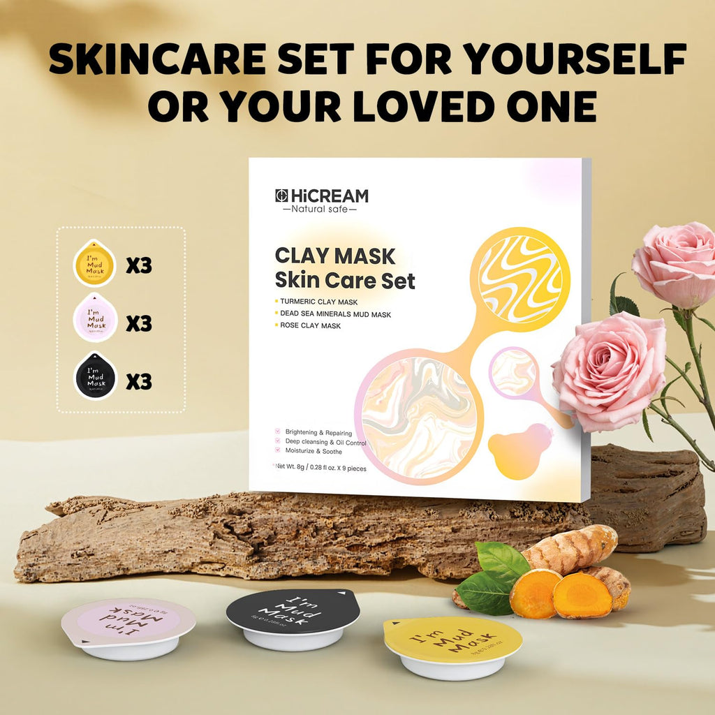 Hicream 9-Pack Clay Mask Set – Turmeric, Rose & Dead Sea Minerals – Travel-Friendly Skincare Gift