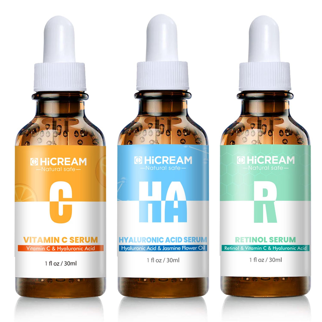 Hicream Face Serum Set 3-Pcs: Vitamin C, Hyaluronic Acid & Retinol for Brightening & Hydration
