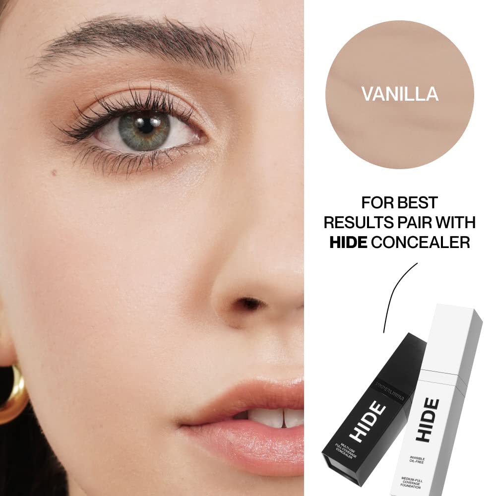 Hide Premium Liquid Foundation Vanilla – Waterproof, Medium to Full Coverage, All Skin Types, Shade Finder, 1 oz