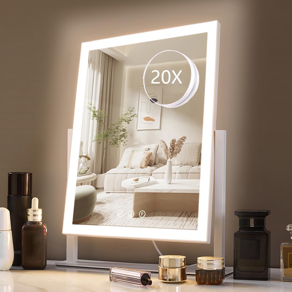 HIEEY Lighted Makeup Mirror with 3 Color Modes, 360° Rotation, and 20X Magnification