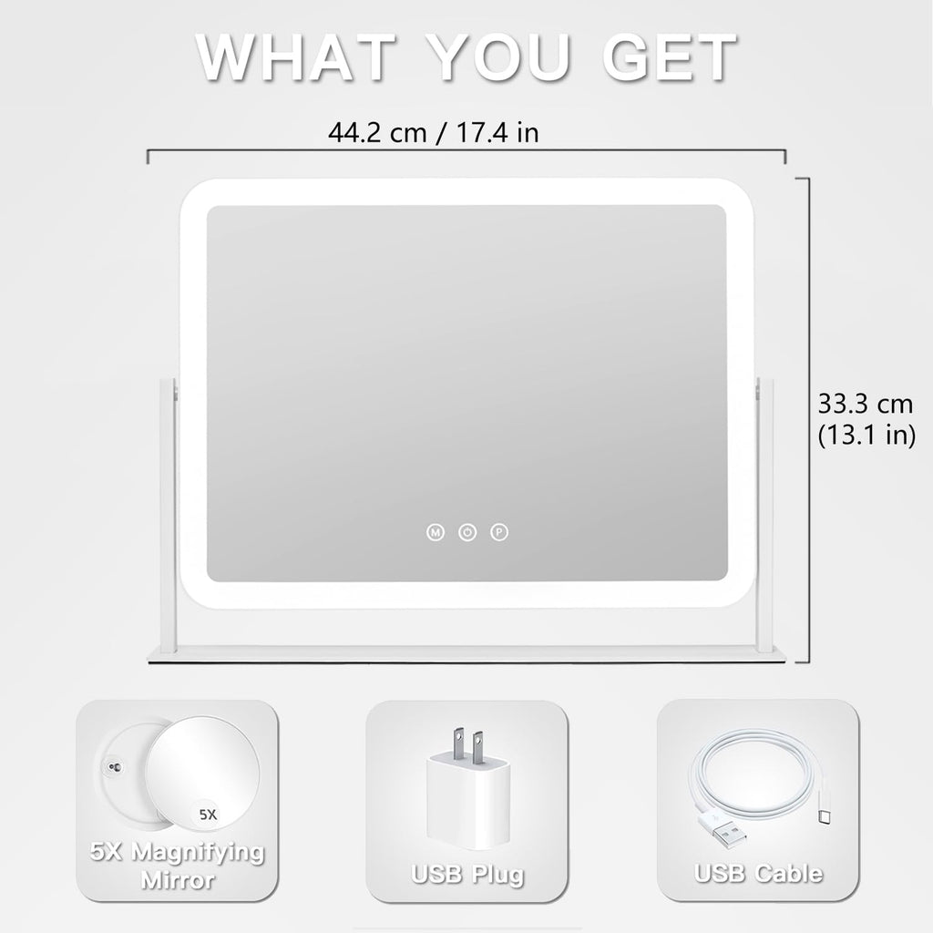 HIEEY Vanity Mirror with Lights — 360° Rotation, 3 Lighting Modes, 5x Magnification, Smart Touch (White, 17.4 x 13.5 in)