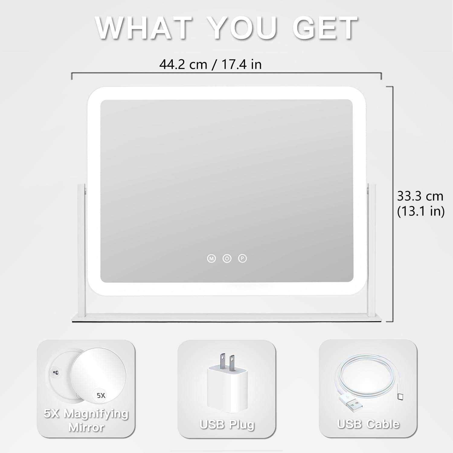 HIEEY Vanity Mirror with Lights — 360° Rotation, 3 Lighting Modes, 5x Magnification, Smart Touch (White, 17.4 x 13.5 in)